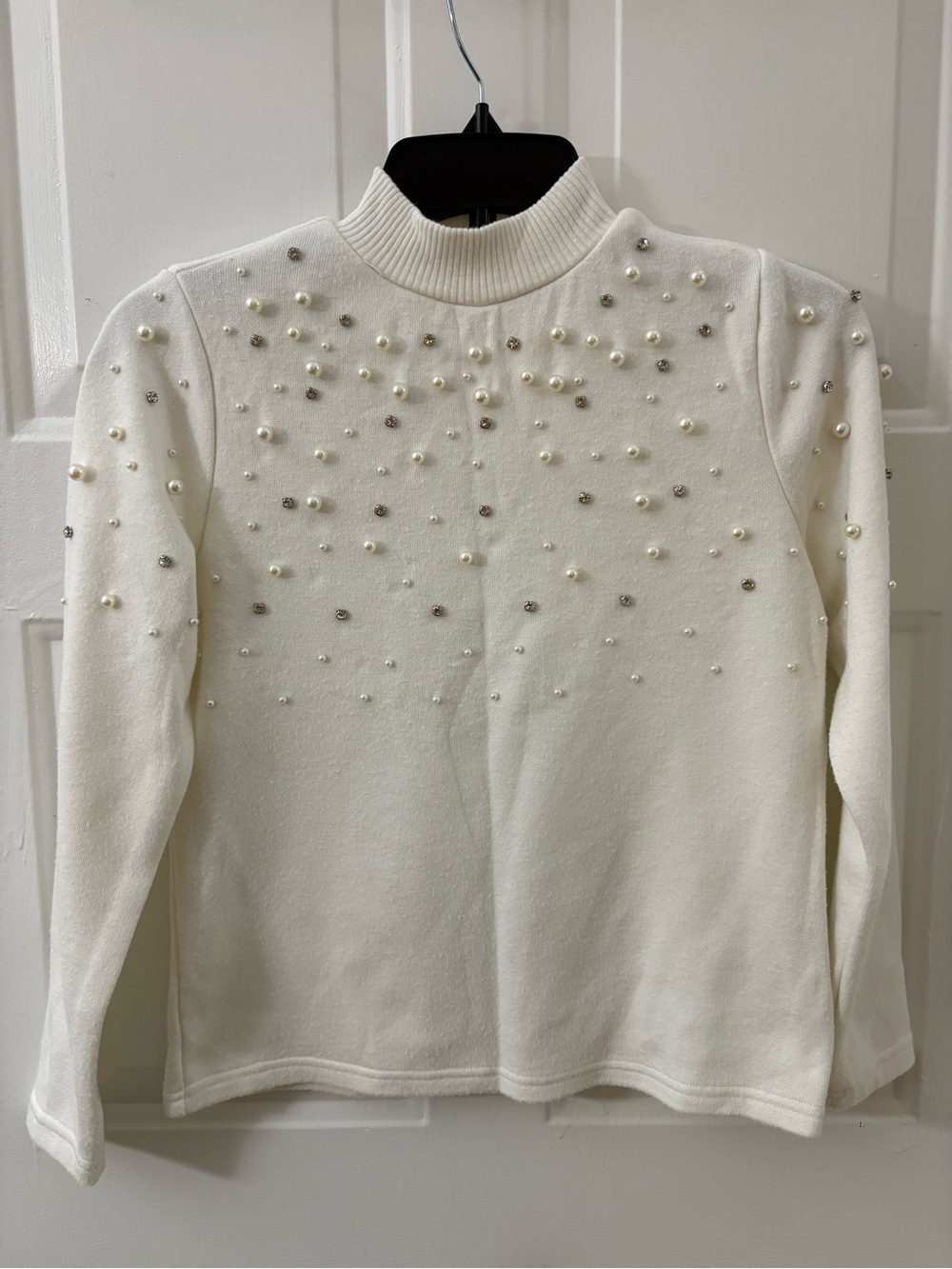 Emma & Michele Ivory Pearl-Embellished Mock Neck Sweater